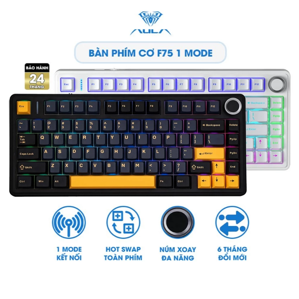 Bàn phím cơ 75% 1 mode có dây AULA F75 20 hiệu ứng LED ánh sáng, có hotswap 5 pin, núm xoay đa chức năng