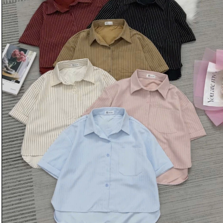 Áo Sơ Mi Nữ Tay Ngắn Kẻ Sọc Kiểu Croptop Chất Vải Kaki Nhung Mềm Mại Mặc Thoải Mái Thời Trang Nữ Mùa Hè-Bk Women