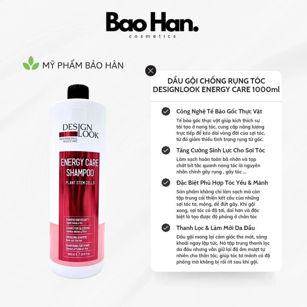DẦU GỘI DESIGNLOOK ENERGY CARE 1000ML -CÔNG NGHỆ TẾ BÀO GỐC THỰC VẬT, GIẢI PHÁP CHO TÓC THƯA, YẾU, DỄ GÃY, NGĂN RỤNG TÓC