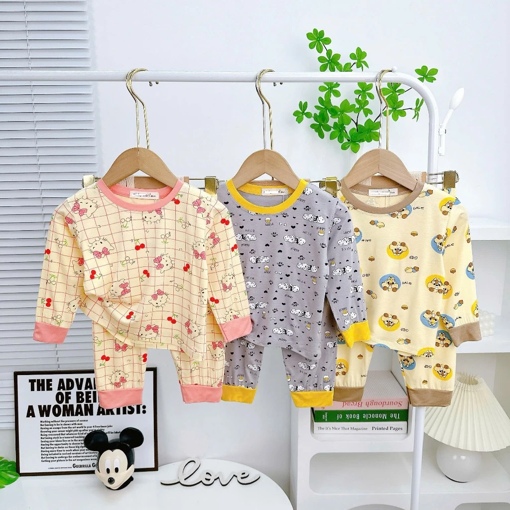 Bộ Dài Tay Thun Lạnh In Thân Cho Bé 6-25kg Cao 80-122 Cm Mềm Mịn THoáng Mát, mặc ngủ điều hòa mát