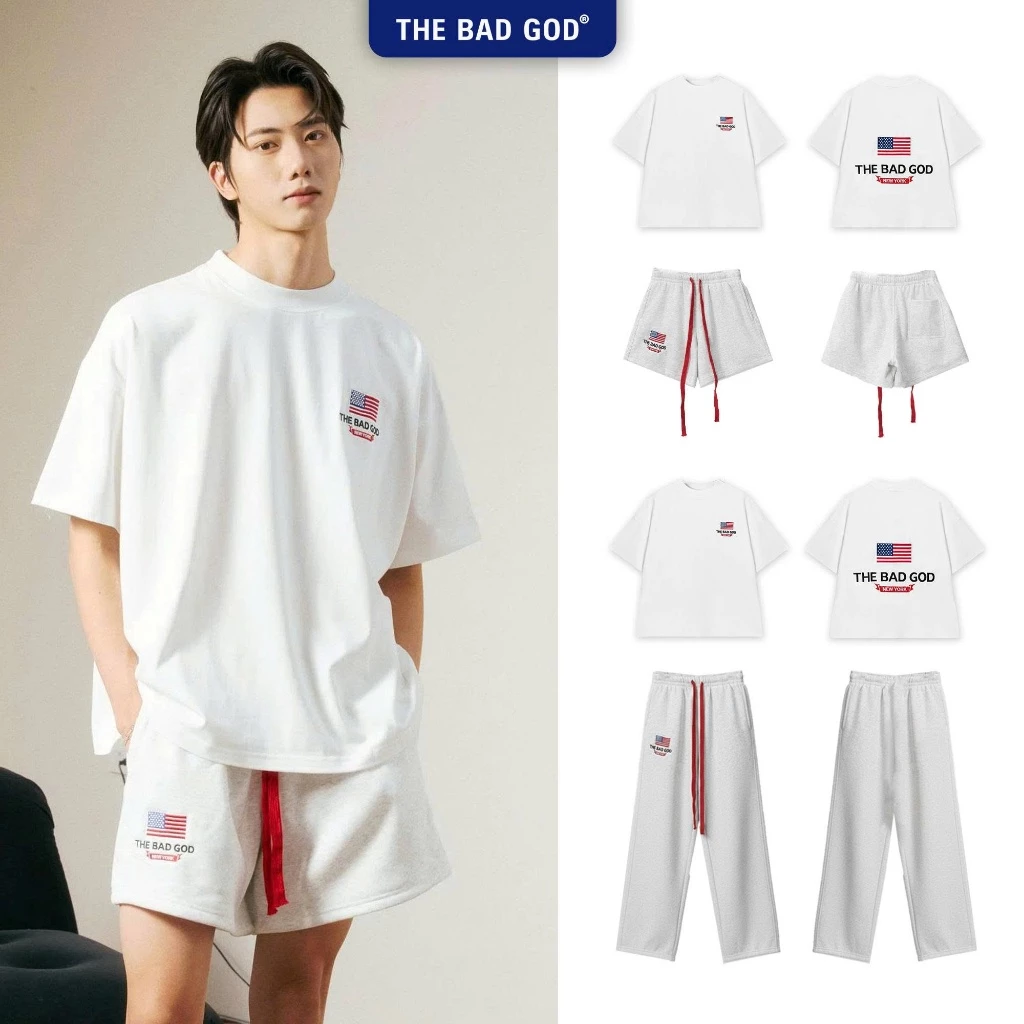 [NEW ARRIVALS 2026] Set Bộ Hè The Bad God New York Nam Nữ Phối Hoạt Tiết Thêu Áo Cotton Quần Nỉ