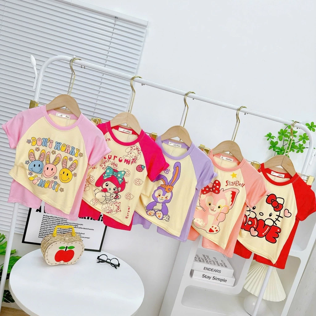 Bộ Lửng Cộc Tay Thun Lạnh  Cho Bé Gái Dễ Thương Mềm Mịn  mặc ở nhà mặc đi học Bé Từ 9-25kg Cao 90-124Cm