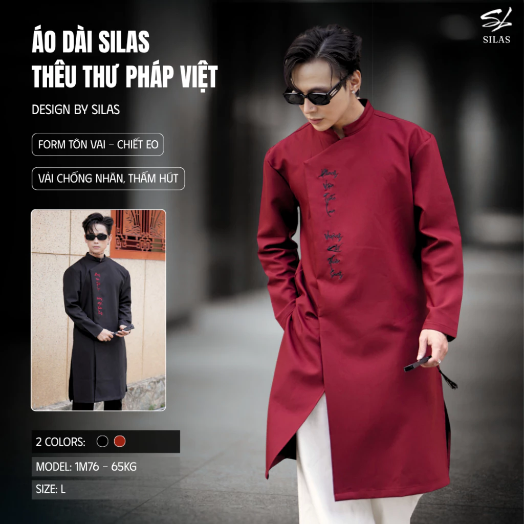 (Deal Tết + Tặng Ngọc Bội) Áo Dài Tết SILAS Thêu Thư Pháp Việt Cotton Lạnh 2 Lớp Tôn Vai - ADSL04