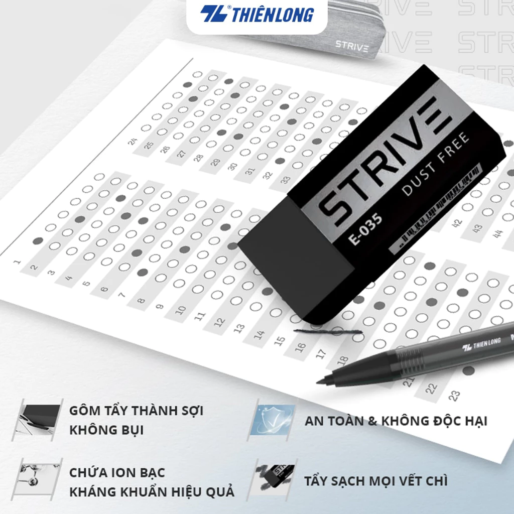 Gôm tẩy không bụi mịn - Strive Dust Free Thiên Long E-035 - Chứa ion bạc kháng khuẩn