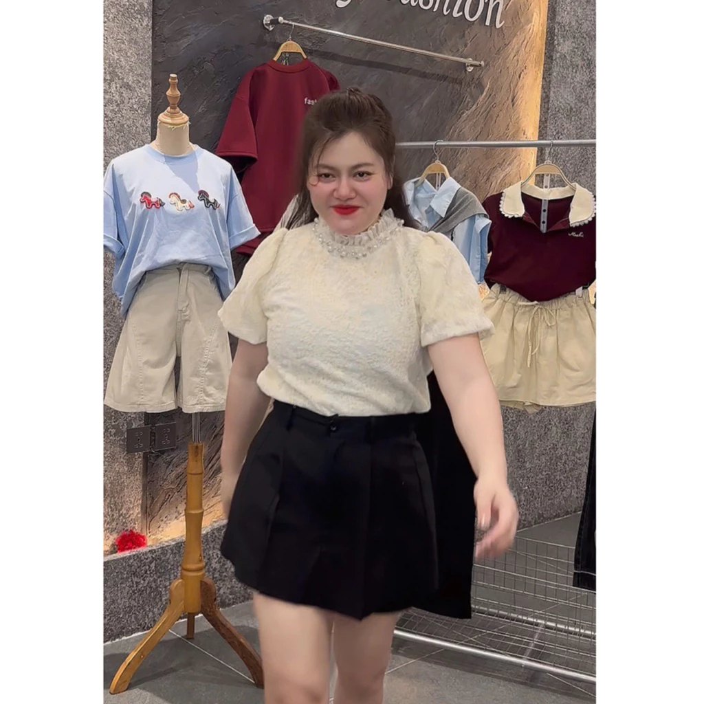 209 BIGSIZE Áo sơ mi babydol phối ren tay bồng cổ đính ngọc cườm