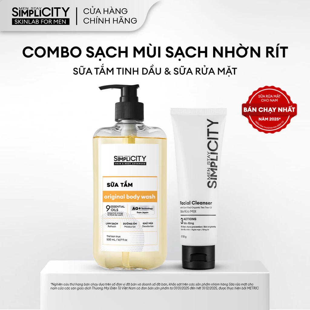 Combo làm sạch tiện lợi cho nam Men Stay Simplicity: Sữa rửa mặt 3 tác động 100g & Sữa tắm tinh dầu giảm mùi 500ml