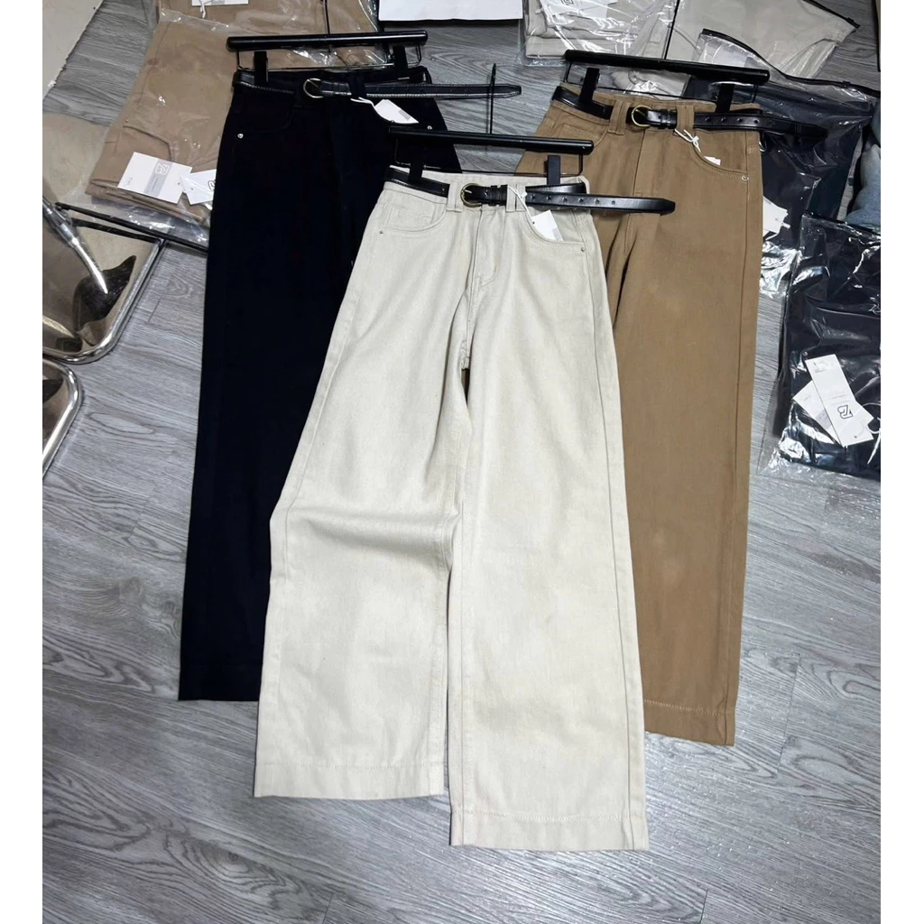 (S-2XL)(Suông nấm 95cm)Quần suông nữ ống rộng lai bản to túi viền cuốn chất jean kaki mềm dày dặn,quần jean nữ ống rộng