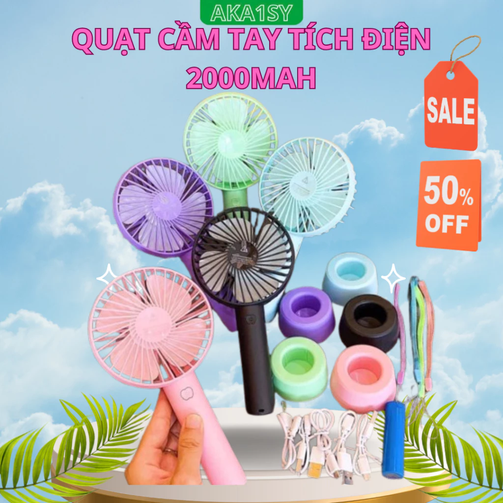 Quạt Cầm Tay Tích Điện Mini 4 Cánh AK1SY-N9,Có Đế Để Bàn,Pin Trâu Sử Dụng 4 Tiếng Liên Tục,Tặng Kèm Đế,Bảo Hành 1 Đổi 1