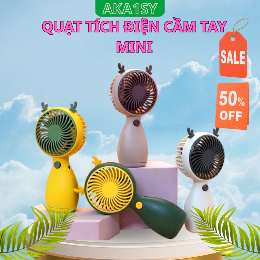 Quạt Điện Sạc Mini Cầm Tay,Để Bàn AK1SY 6035,Pin Trâu 4h Liên Tục,Tai Mèo Tích Điện,Có Đế Để Bàn Tặng Kèm Dây