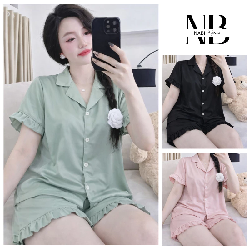 Bộ Ngủ Mặc Nhà Cộc Tay, Quần Cộc Phối Bèo Lụa Trơn, Pyjama Mặc Dễ Chịu, Nhẹ Nhàng và Thoáng Mát