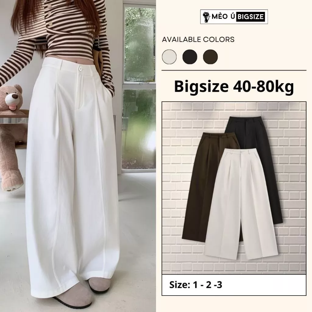 Quần ống rộng kaki nữ BIGSIZE Mèo Ú quần cạp cao chun sau xếp ly dáng suông phong cách năng động Hàn Quốc 981