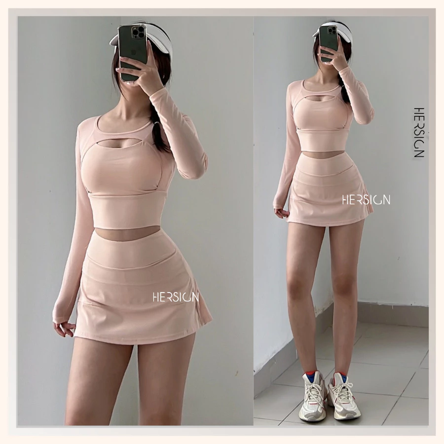 HERSIGN Đồ tập pickleball nữ Set váy tập tennis Áo dài tay Chân váy thể thao SMIXC28V05A BST HERSIGN GRACED MOTION