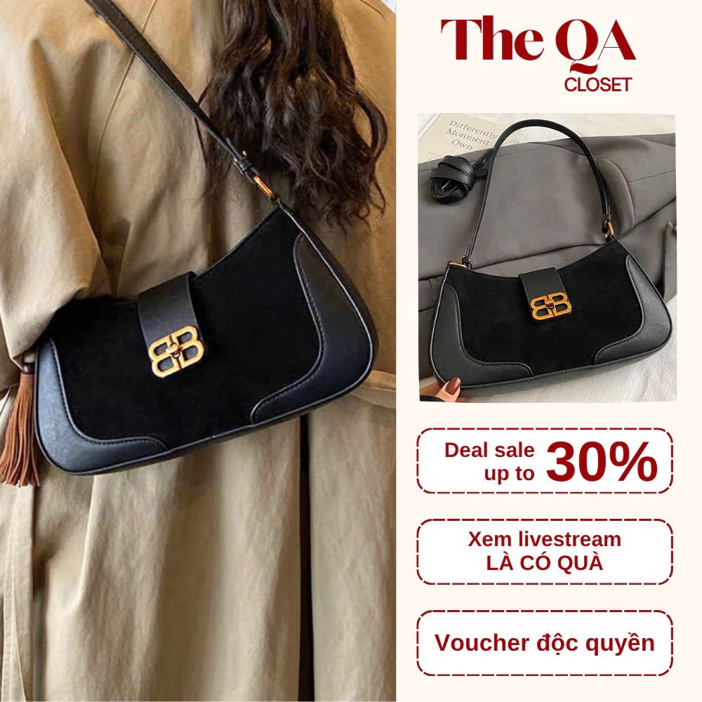 [VOUCHER GIẢM 25K] Túi Kẹp Nách Công Sở Qa Atelier Phối Nhung Khóa Chữ B Mạ Vàng Cao Cấp Size 24