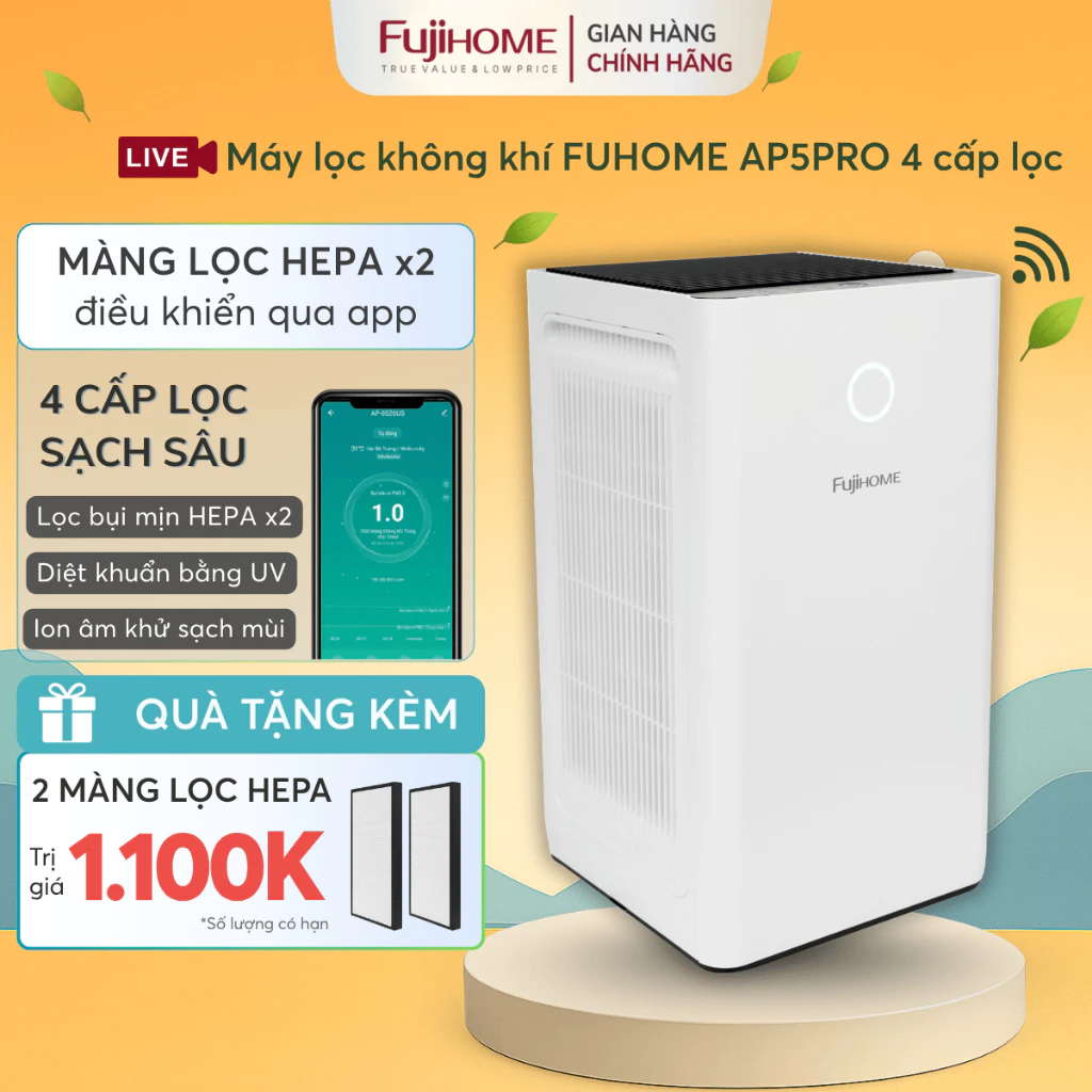Máy lọc không khí thông minh kết nối App điều khiển từ xa FUJIHOME AP5Pro, 2 màng HEPA lọc bụi mịn