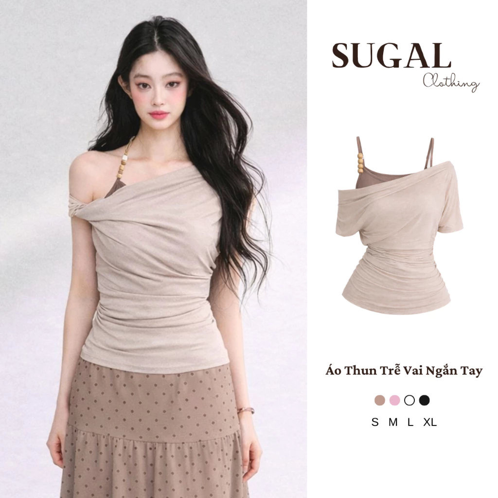 SUGAL - (Áo Kiểu Mới) Áo Thun Kiểu Trễ Vai Xoắn Ống Tay Kiểu Mới Phù Hợp Phối Đồ Mùa Hè - Áo Kiểu Hàn Quốc | TOP 284V3