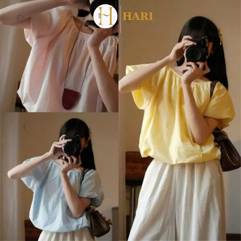 Áo Sơ Mi Nữ Cổ Tròn Tay Phồng Hari Dáng Bí Bubble Top Dễ Thương Tôn Dáng Form Rộng Phong Cách Hàn Quốc 1675 P4