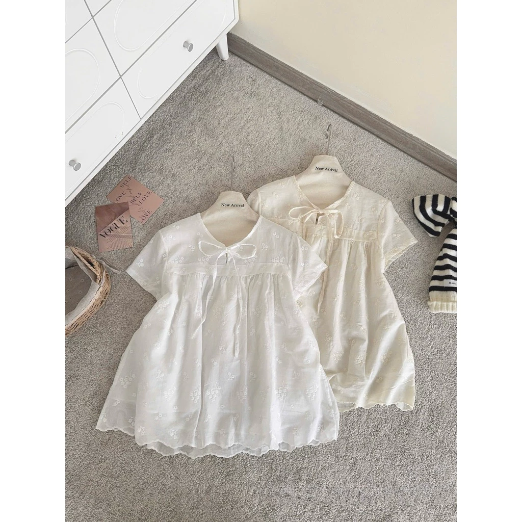 (Hàng Loại 1) Áo babydoll MIA TOP chất thô boi thêu hoa tay ngắn dáng xoè thắt nơ A6228
