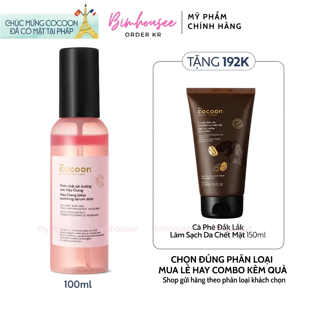 Tinh Chất Xịt dưỡng Sen Hậu Giang Cocoon cấp nước làm dịu da chiết xuất ngải cứu 200ml Fraijour 100ml