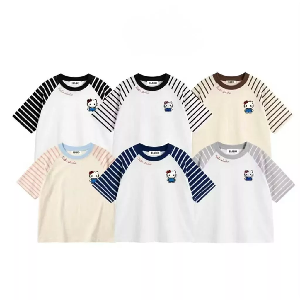 Áo Thun Ngắn Tay Raglan Phối Kẻ Borip Sọc Ngang Hello Kitty Form Boxy Unisex Nam Nữ Phong Cách Ulzzang