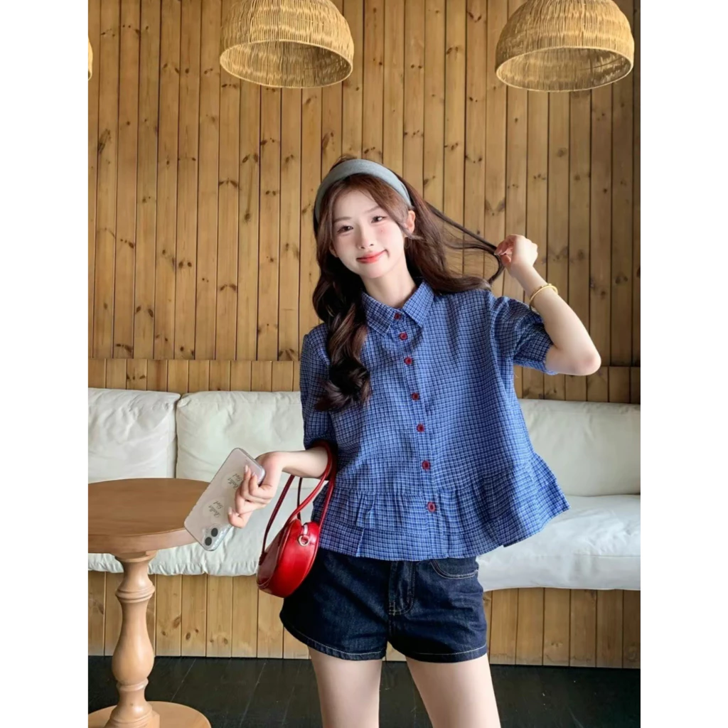 [ Dead Mở Bán Giá Tri Ân ]  Áo Babydoll Kẻ Caro Nhỏ Cổ Sen Tay Bồng Chất Thô Cotton, Áo Sơ Mi Nữ Kiểu Dễ Thương 2026