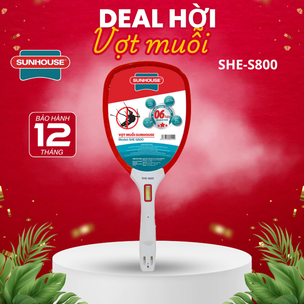 Vợt Muỗi Sunhouse SHE-S800 Mới nhất Có kèm đèn chiếu sáng, 3 Lớp lưới - Bảo hành chính hãng 12 tháng