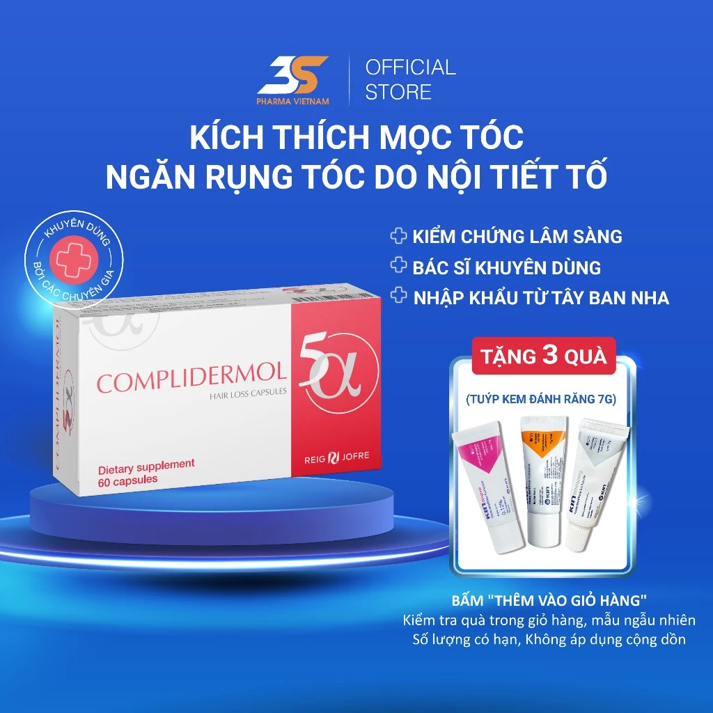 Viên Uống Complidermol 5α - Chống Rụng Tóc Do Nội Tiết Tố Nữ, Kích Thích Mọc Tóc Dày Chắc Khỏe