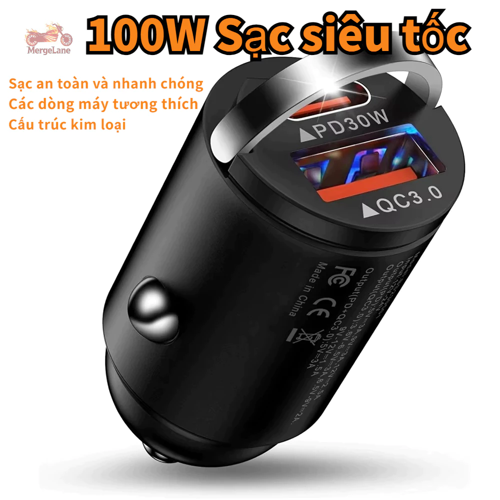 Tẩu Sạc Ô Tô PUGAN 100W, 2 Cổng USB và Type-C, Sạc Siêu Nhanh