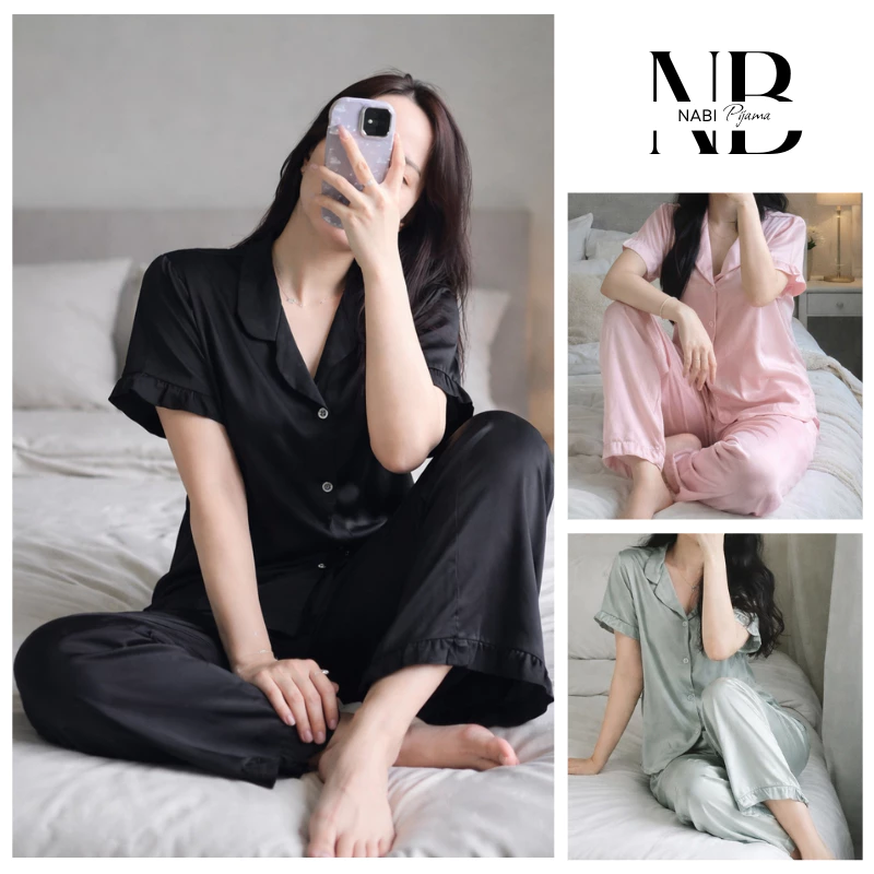 Bộ Ngủ Mặc Nhà Cộc Tay, Quần dài Phối Bèo Lụa Trơn Cao Cấp, Pyjama Mặc Dễ Chịu Thoáng Mát