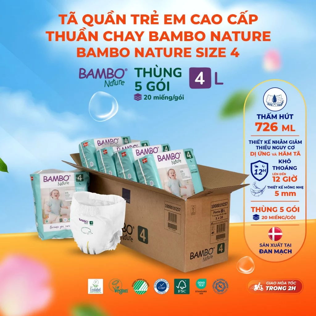 Thùng 5 Gói Tã Quần Trẻ Em Cao Cấp Thuần Chay Bambo Nature Nhập Khẩu Đan Mạch Siêu Mỏng Thoáng Khí, Hạn Chế Hăm Da