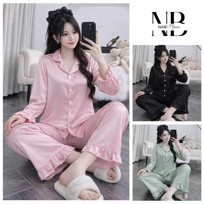 Bộ Ngủ Mặc Nhà Dài Tay, Quần Dài Phối Bèo Lụa Trơn Cao Cấp, Pyjama Mặc Dễ Chịu Thoáng Mát Nhẹ Nhàng
