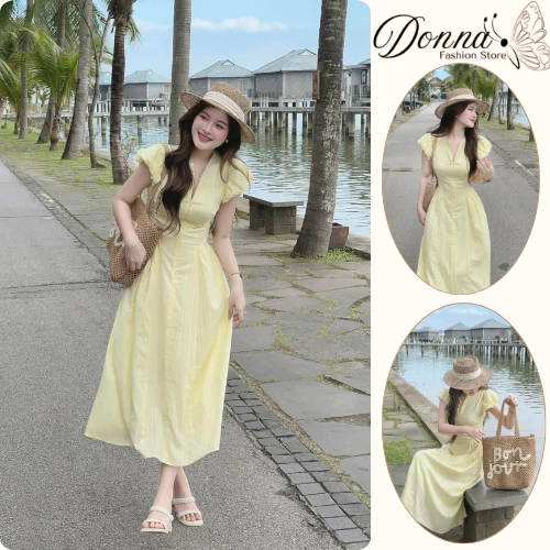 Váy Nữ DONNA HCOM25503 Thiết Kế Cổ Vuông Tay Phồng Chiết Eo Dáng Dài Style Tiểu Thư Hàn Quốc