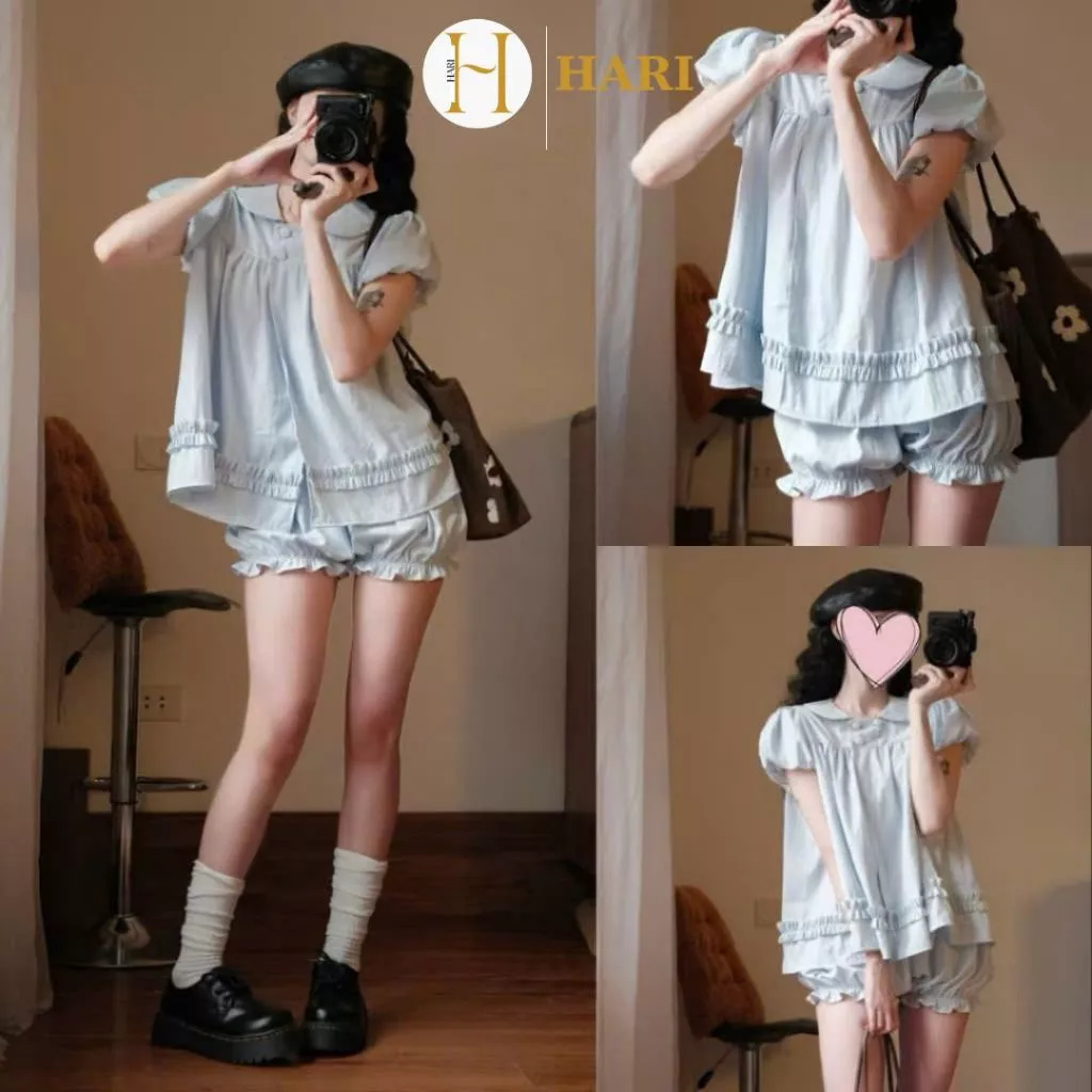 Set Áo Váy Babydoll Cổ Sen Hari 4 Cúc Tay Phồng Form Rộng Gấu Viền Bèo Kèm Quần Bí Bo Chun 0840