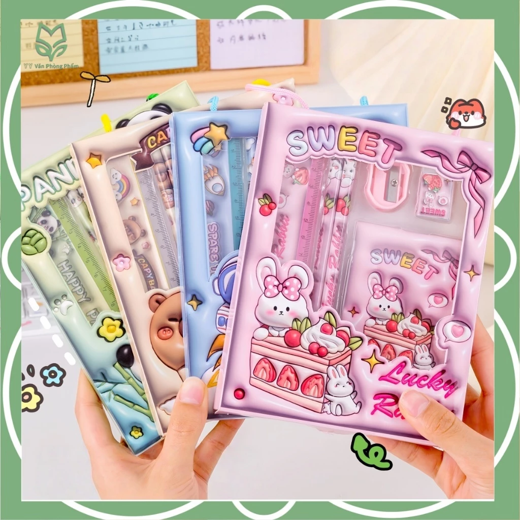 [Set Quà] Bộ 6 Món Học Tập Cho Học Sinh – Hộp Có Quai – Bút Chì, Tẩy, Gọt, Thước, Sổ – Sẵn Kho