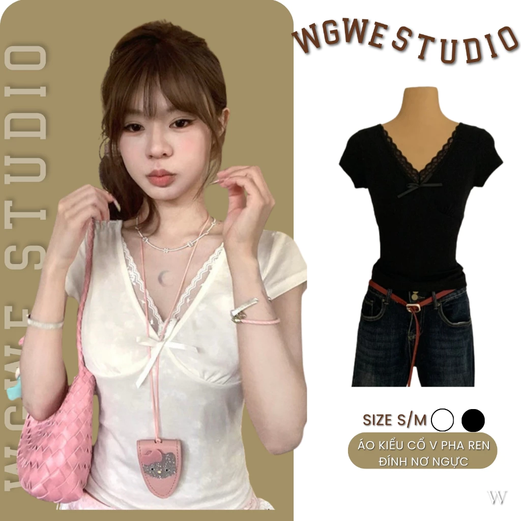 WGWE Studio Áo Thun Nữ Cổ Tim Ren Nơ – Áo Ôm Tôn Dáng, Nữ Tính Thanh Lịch 8902