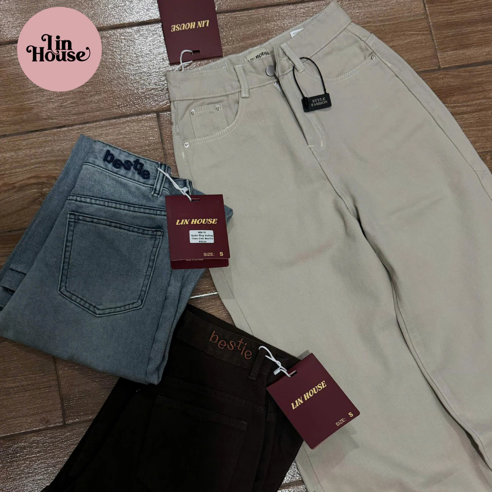 (MÃ 16) Quần Jean Nữ Suông Thêu Bestie – Quần Jeans Ống Rộng Lưng Cao, Jean Cotton Dày Đẹp, Dễ Phối Đồ