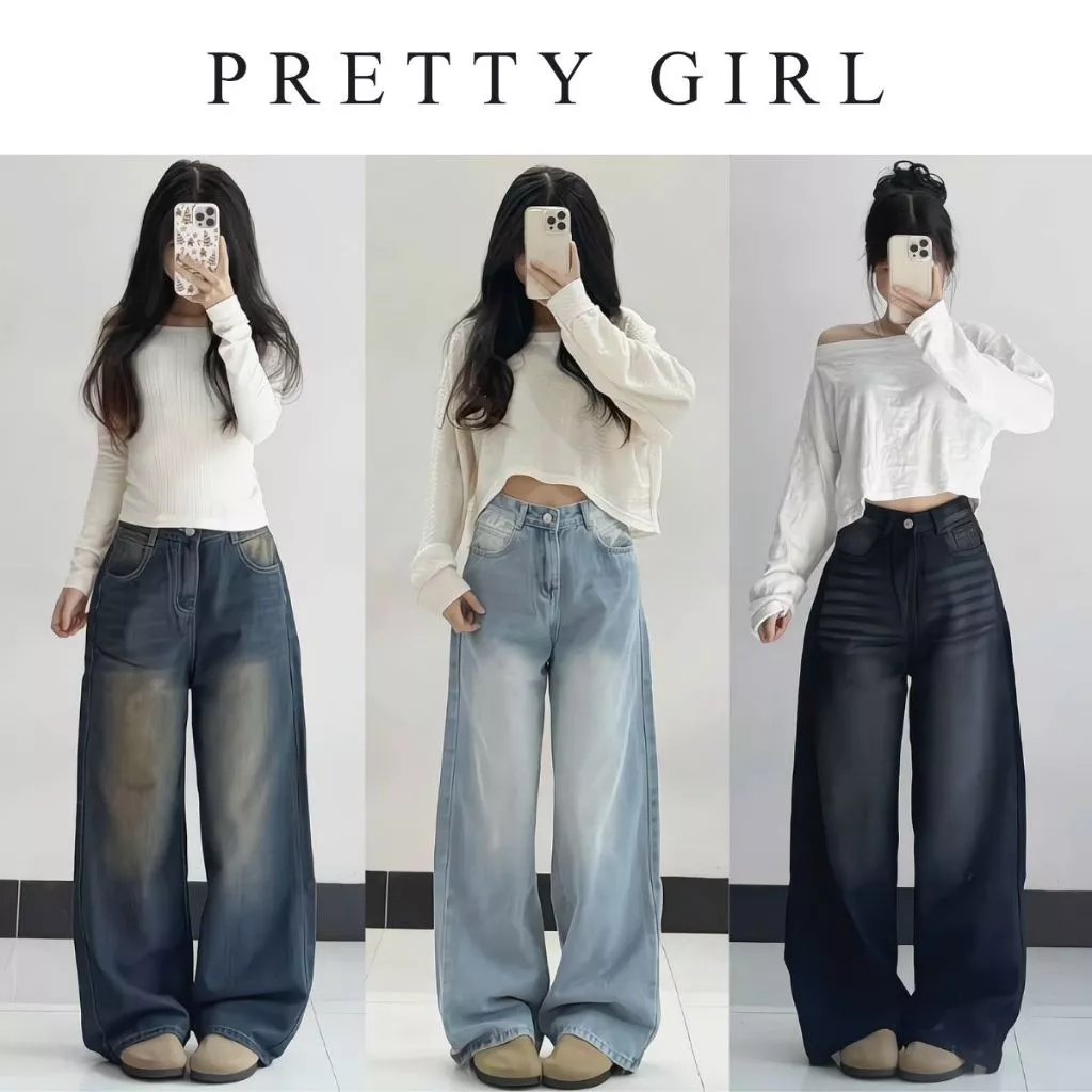 Quần Jean Nữ ống SUÔNG RỘNG cạp cao PRETTY GIRL Phong Cách Hàn Quốc TÔN DÁNG chất bò mềm denim đầy đủ size