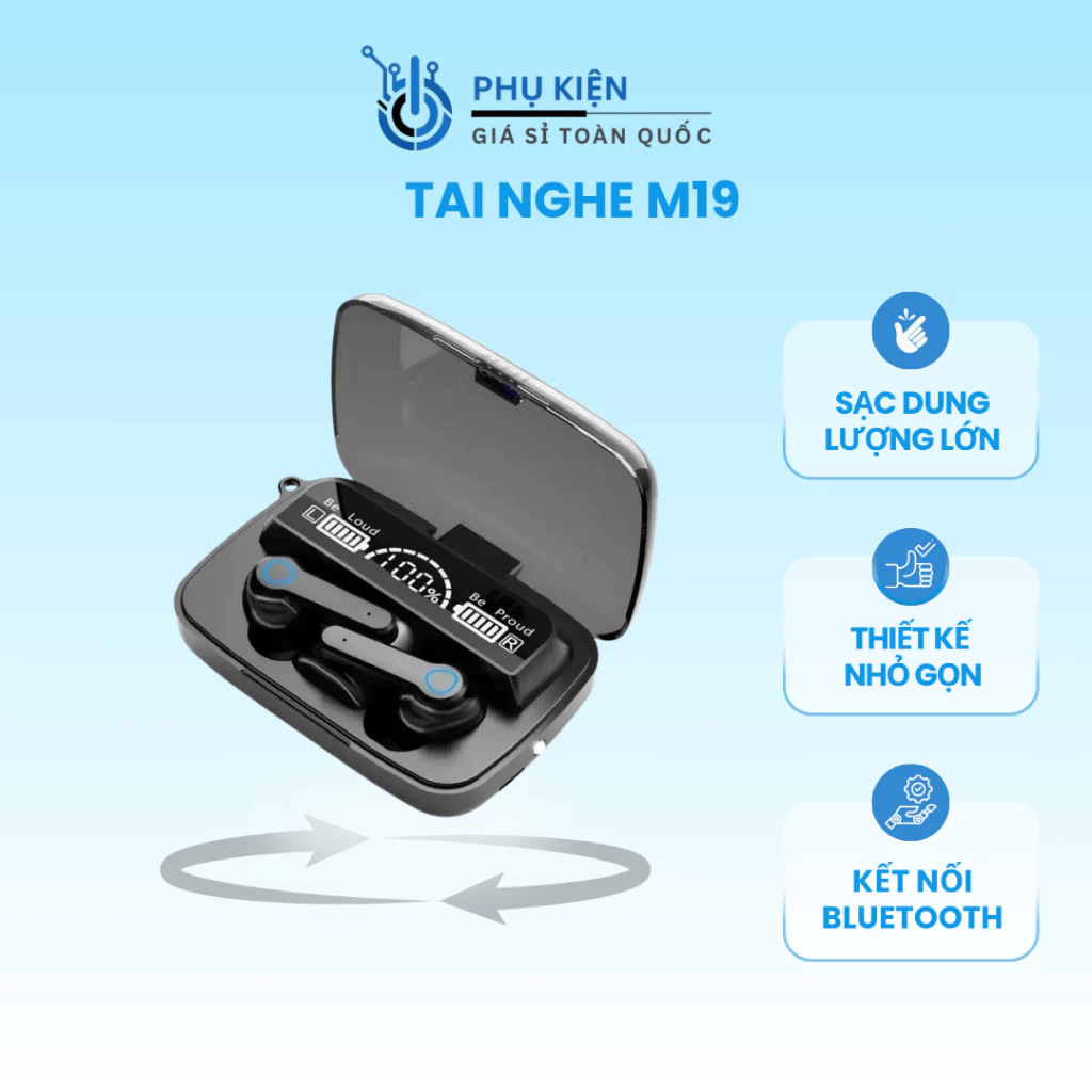 Tai nghe Bluetooth M19 là dòng tai nghe không dây có thiết kế hiện đại, tích hợp Bluetooth ổn định