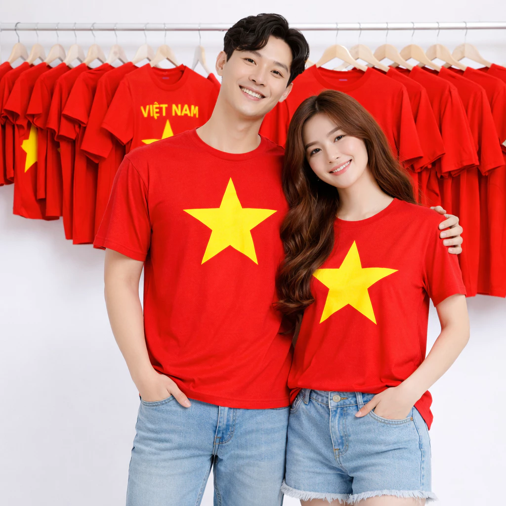 Áo Phông Cờ Đỏ Sao Vàng in To Trước Ngược THOITRANG24H Vải Dày Ngắn Tay Cổ Tròn Phom Chung Nam Nữ