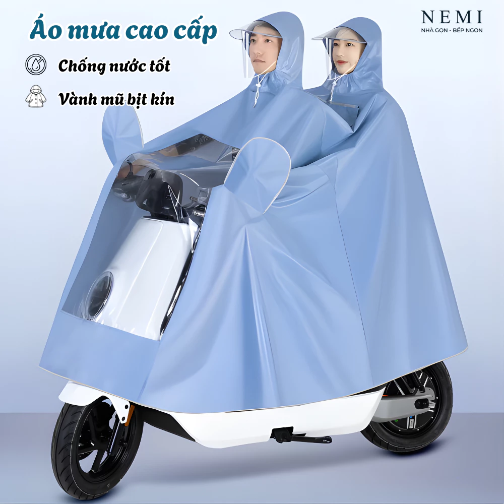 Áo mưa cánh dơi 2 đầu trùm gương có vành mũ bịt kín, chất liệu PVC siêu bền chống nước tốt, Áo Mưa Đi Xe Máy 1-2 người
