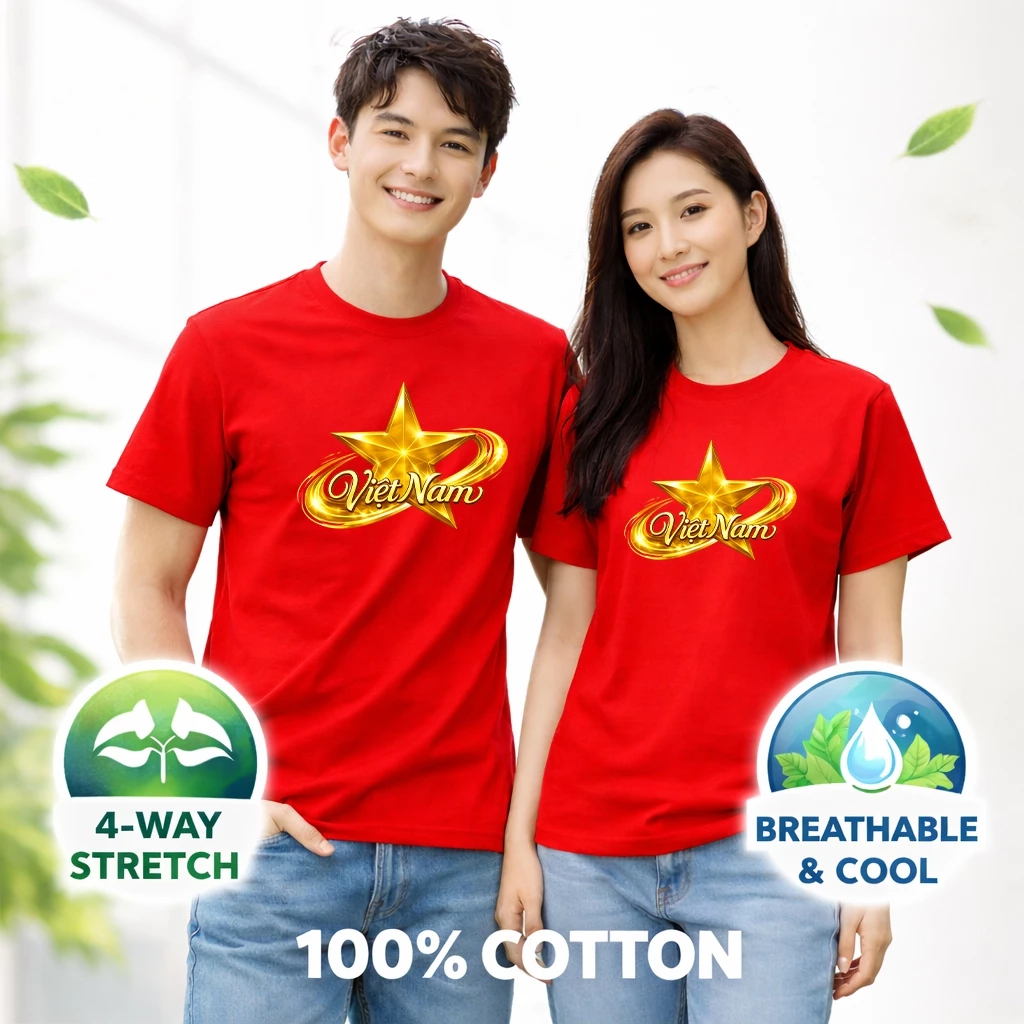 Áo Phông 100% Cotton Cờ Đỏ Sao Vàng Vietnam Andromeda Ngắn Tay Cổ Tròn Vải Dày Mịn Co Dãn Thoáng Mát