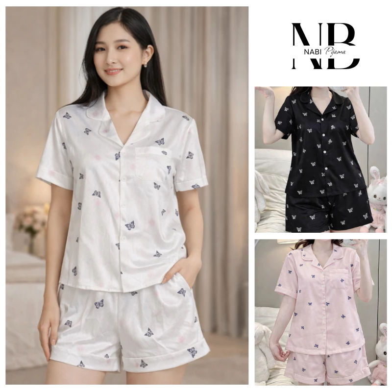 Bộ Đồ Ngủ Cộc Tay, Quần Cộc in hình bướm. Chất liệu lụa xước cao cấp