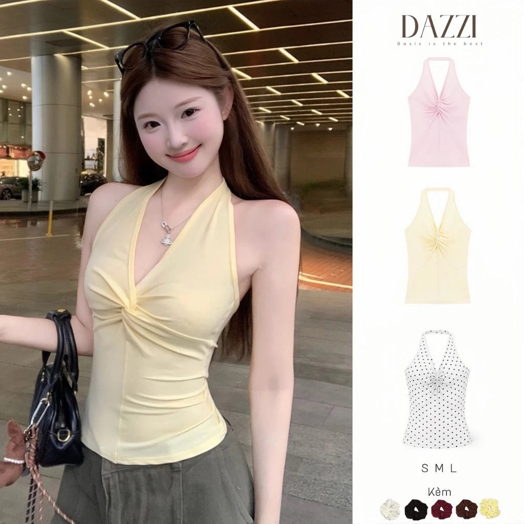 [TẶNG SCRUNCHIES] Áo yếm cổ V xoắn ôm body chất cotton mịn mùa hè Dazzi women A034