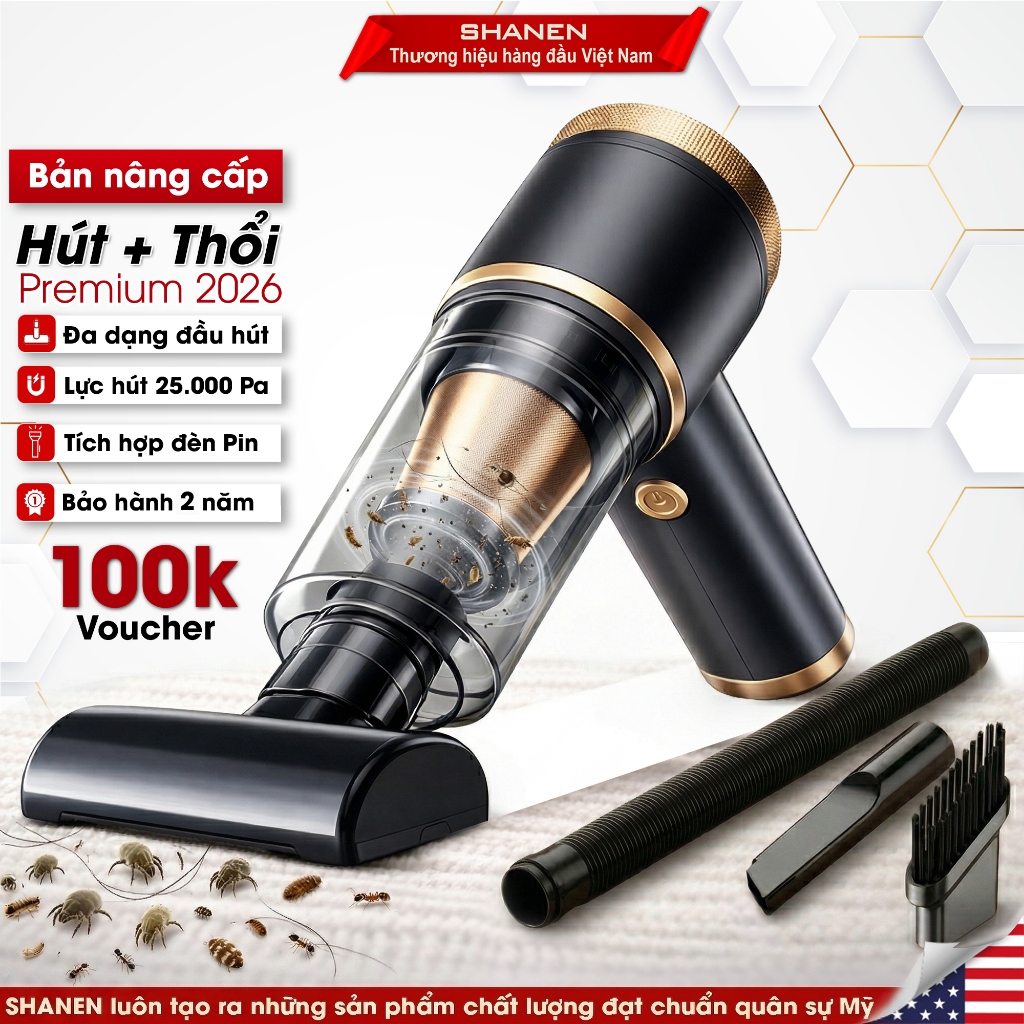 Máy hút bụi cầm tay mini không dây SHANEN, Lực hút 25.000Pa, Hút thổi bụi đa…