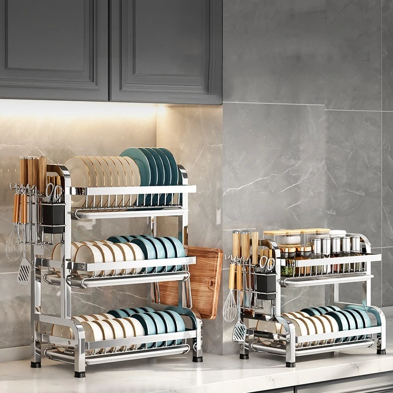 Kệ Để Chén Bát Đĩa INOX 2/3 Tầng Kèm Khay Cao Cấp Khả Năng Chịu Tải Cao Và Không Bị Biến Dạng