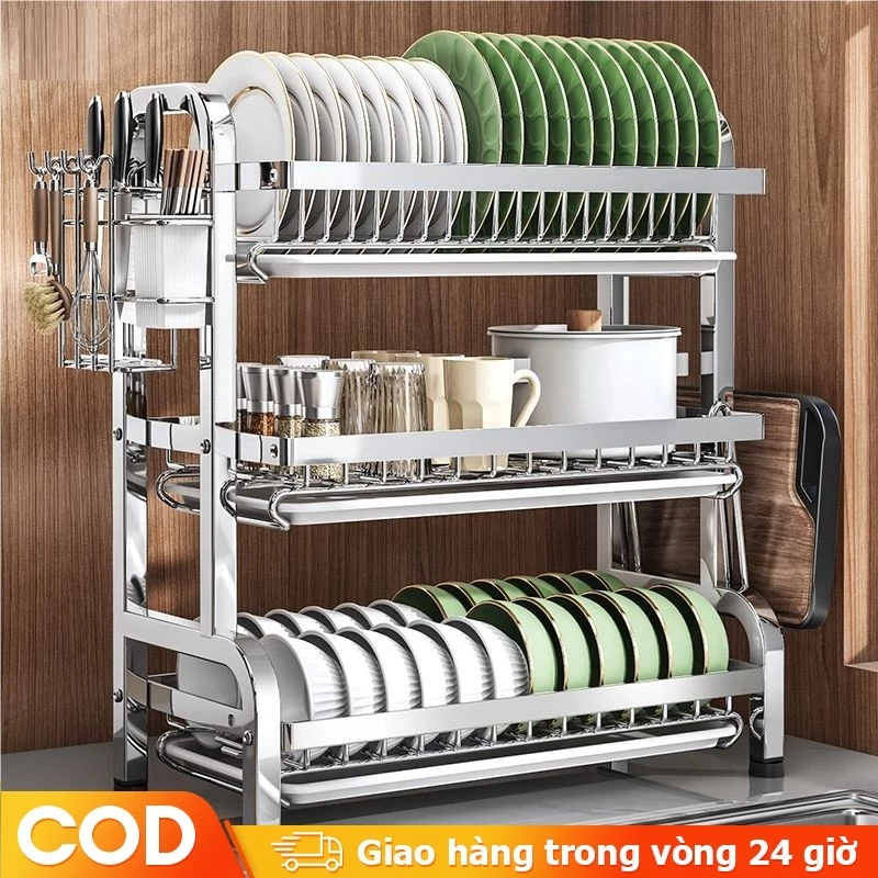 Giá Đựng Bát Đũa 2,3 Tầng Đa Năng Kèm Giá Để Đũa Cài Dao Thớt, Kệ Chén Để Bát Đĩa Kèm 3 Khay Hứng Nước