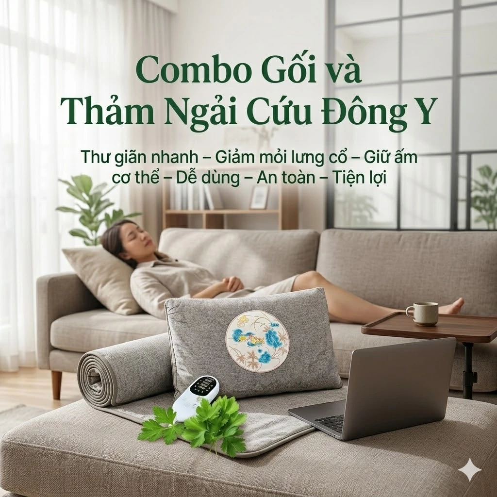 Combo Gối Và Thảm Ngải Cứu Hoàng Thịnh An Cao Cấp Chính Hãng, Nệm Ngải Cứu Đông Y Health Lab