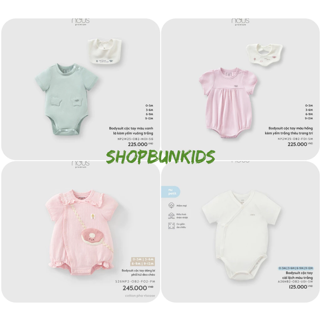 Body chip cộc Nous, bodysuit cộc tay bodysuit  chất liệu Nu Petit mềm mại cho bé sơ sinh
