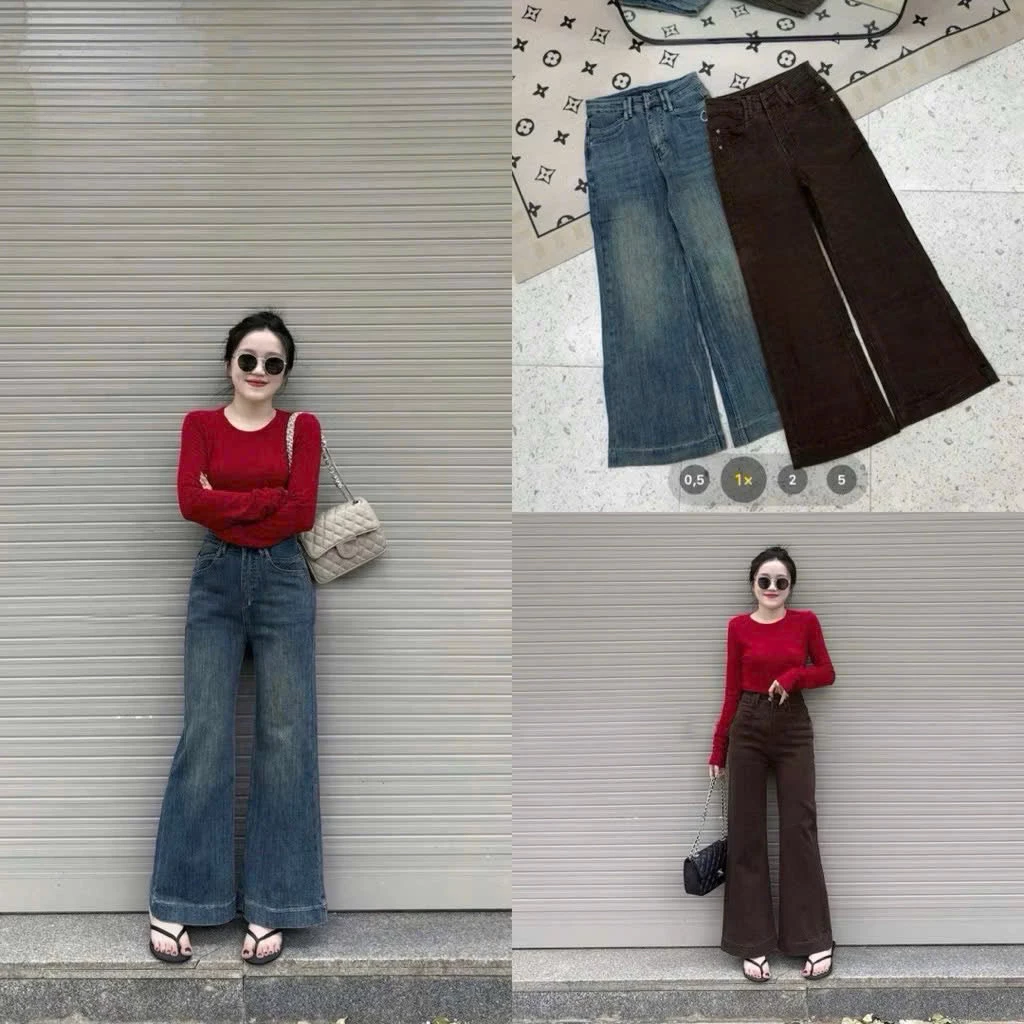 Quần bò nữ ống loe rộng gấu to màu mới lạ mắt cạp cao phong cách Hàn Quốc