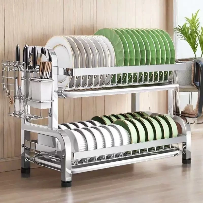 Kệ Chén INOX Để Bát Đĩa 2/3 Tầng Kèm Khay Hứng Nước, Kệ Úp Bát Đĩa Đa Năng Có Giá Để Đũa Cài Dao Thớt