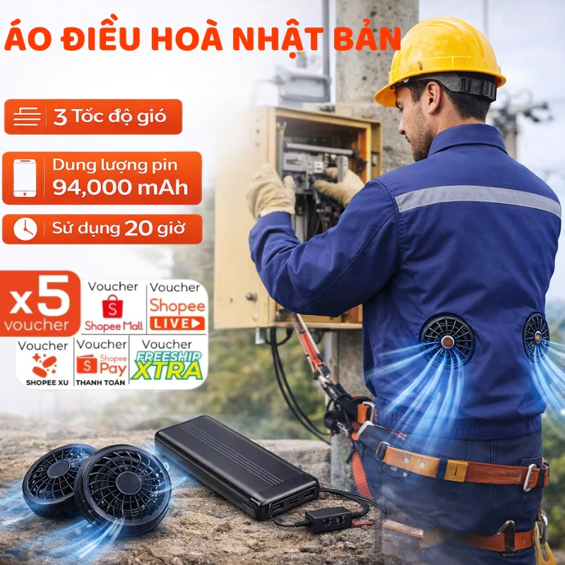 Áo Điều Hoà, Áo Quạt Điều Hoà Nhật Bản Cao Cấp Pin 94000mAh, Quạt 18v Mạnh Mẽ, Áo Chống Nắng, Chống Tia UV Hiệu Quả